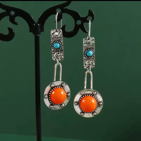 Orange and Silver Jewelry Bohemian Coral Color Drop Earrings Zinc Alloy Inlaid - Picture 5 of 5